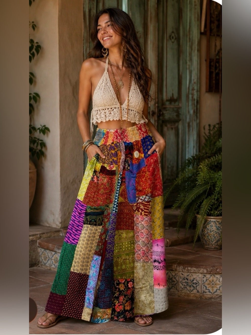 Silk Multicolor Patchwork Reversible Wide Leg Pants